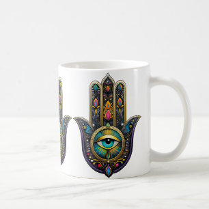 Caneca De Café Hamsa Preto Colorido com Terceiro Olho Turquesa