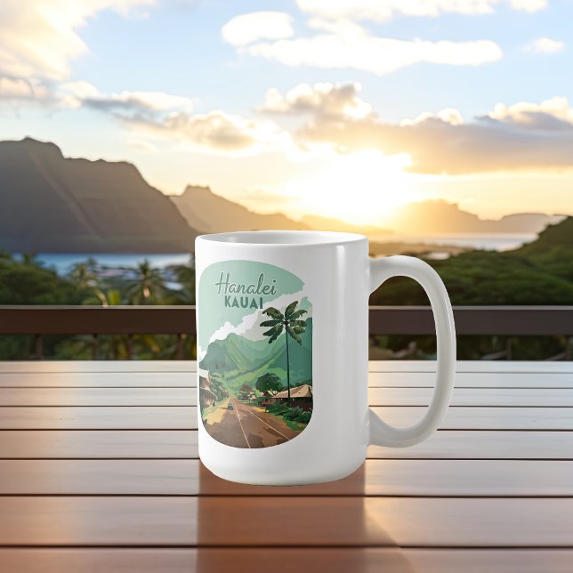 Caneca De Café Hanalei Kauai Hawaii Bay monta verde (Hanalei, Kauai, in Hawaii mug on a patio tabel in front of sunrise over Hawaiian mountains and ocean)