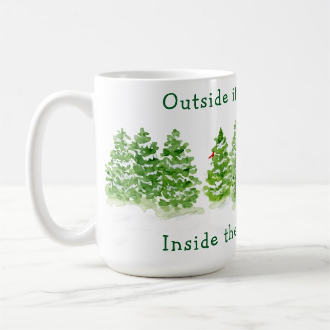 Caneca De Café Handpainted Winter Trees Outside Snow Fires Glowin (Esquerda)