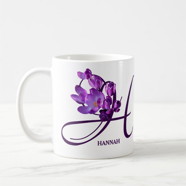 Caneca De Café Hannah personalizável nome floral roxo e giro (Esquerda)