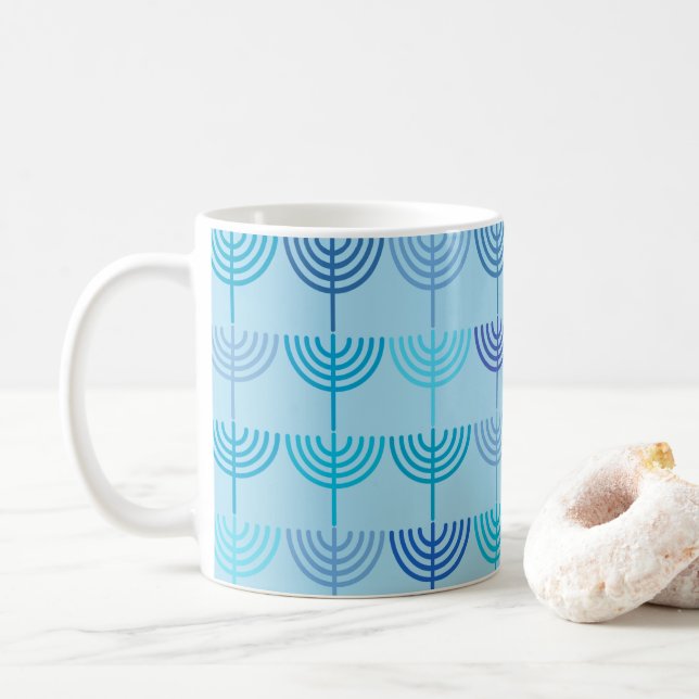 Caneca De Café Hanukkah Chanukah Chanukkiah Menorah Padrão Azul (Com Donut)