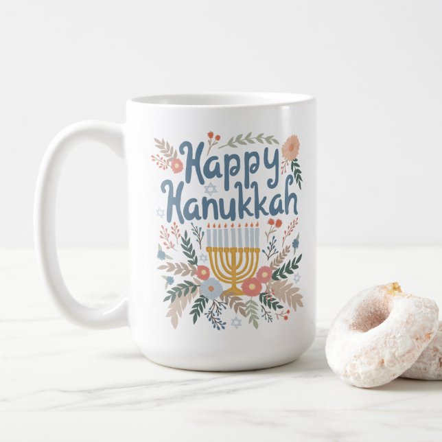 Caneca De Café Hanukkah FLorals Arte desenhada à mão (Com Donut)