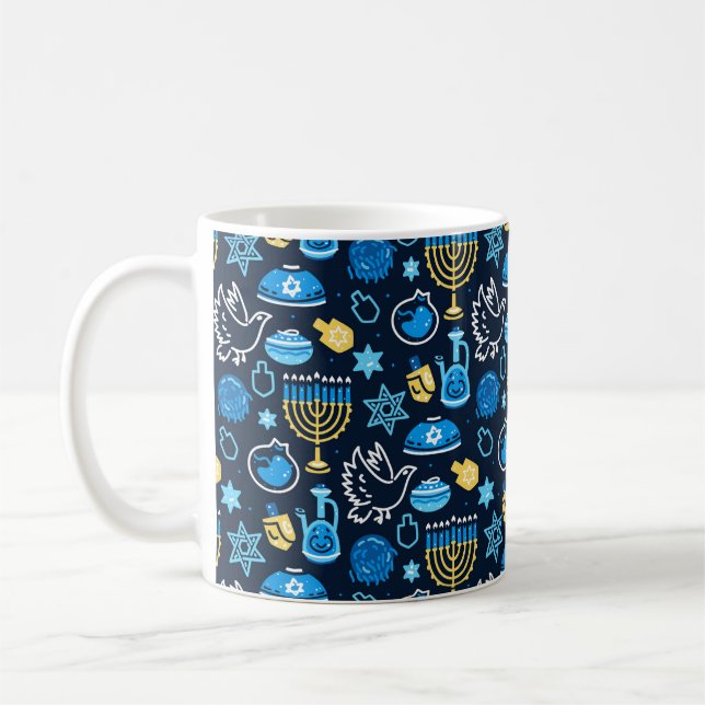Caneca De Café Hanukkah - Símbolos Padrão Azul (Esquerda)