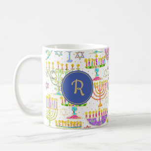 Caneca De Café Hanukkah White Dourada Menorah Star de David Monog