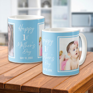 Caneca De Café Happy 1st Mother's Day Baby Blue 2 Photo Collage  