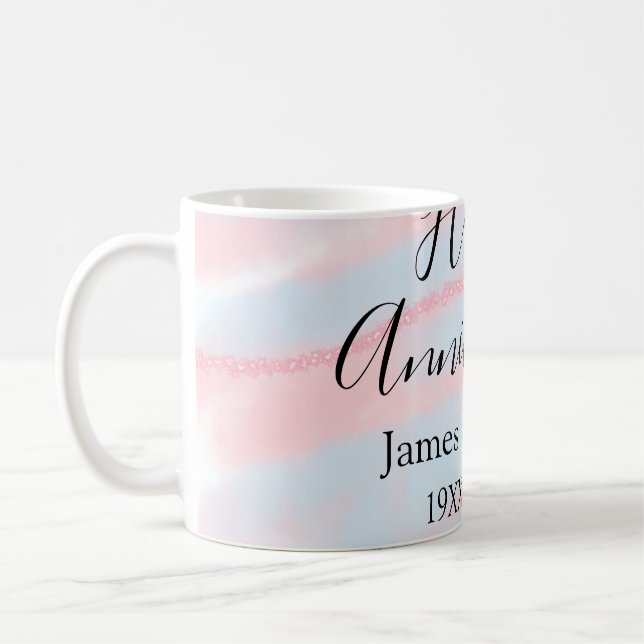 Caneca De Café Happy anniversary wedding name date year pastel  (Esquerda)