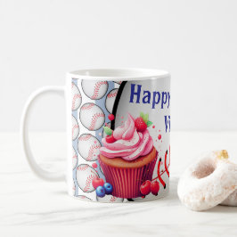 Caneca De Café Happy Birthday Blue & White Stripe Baseball
