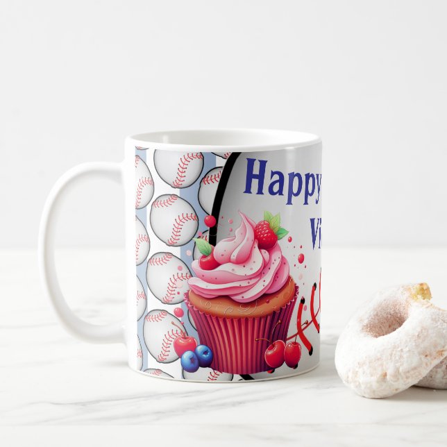 Caneca De Café Happy Birthday Blue & White Stripe Baseball (Com Donut)