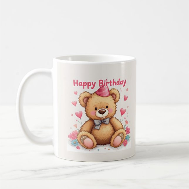 Caneca De Café Happy Birthday Cute Teddy Bear with Pink Hearts (Esquerda)