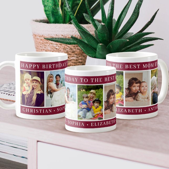 Caneca De Café Happy Birthday Mom Photo Collage burgundy keepsake (Criador carregado)