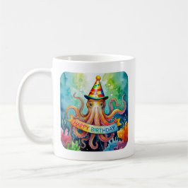 Caneca De Café Happy Birthday Octopus Party Hat Watercolor Design