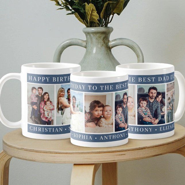 Caneca De Café Happy Birthday to Best Dad Ever Photo Collage Blue (Criador carregado)