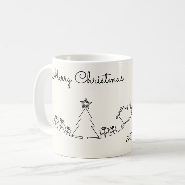 Caneca De Café Happy Christmas Line Drawing With Santa & Sleigh (Frente Esquerda)