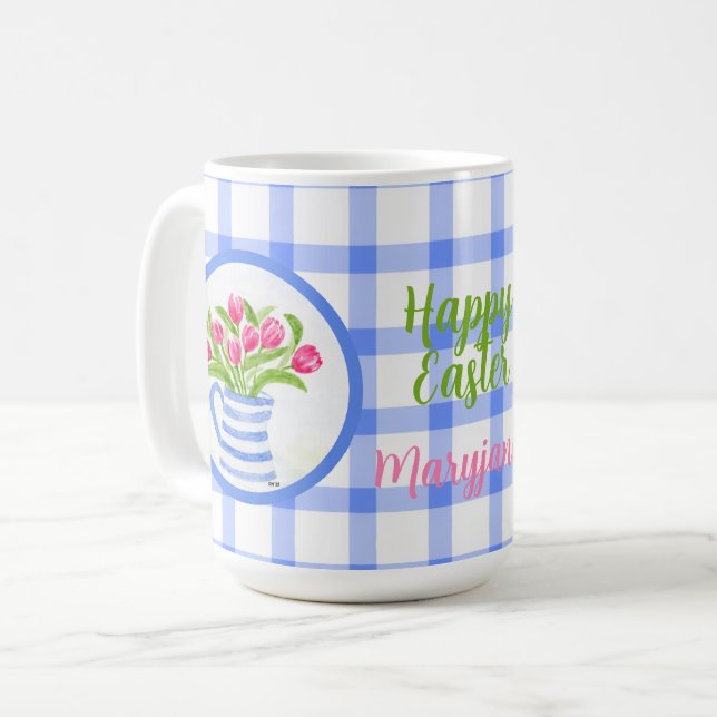 Caneca De Café Happy Easter Watercolor Tulips Blue Check (Frente Esquerda)