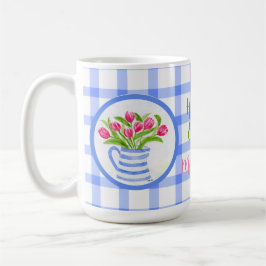 Caneca De Café Happy Easter Watercolor Tulips Blue Check