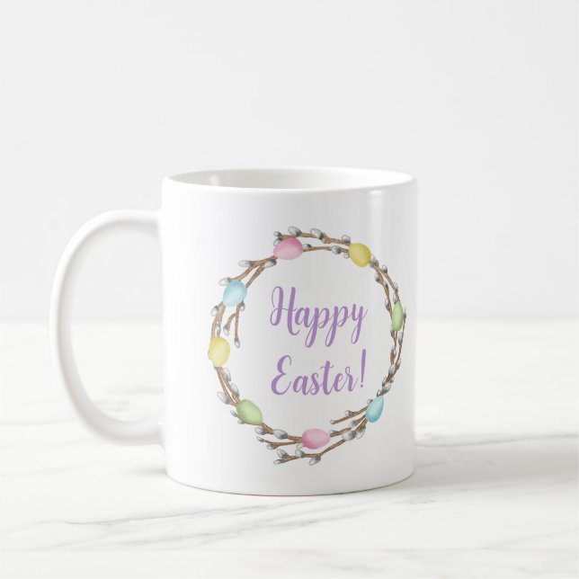 Caneca De Café Happy Easter Willow Wreaths With Pastel Eggs (Esquerda)