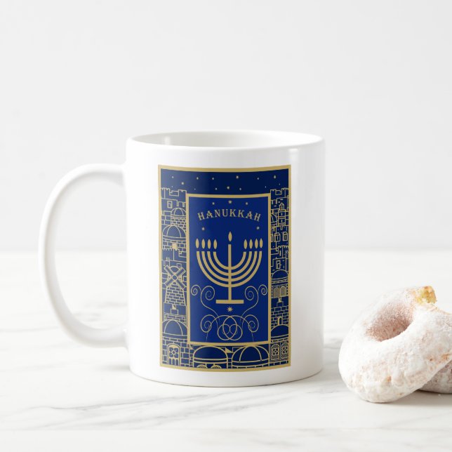 Caneca De Café Happy Hanukkah Gold Menorah Jewish Holiday (Com Donut)