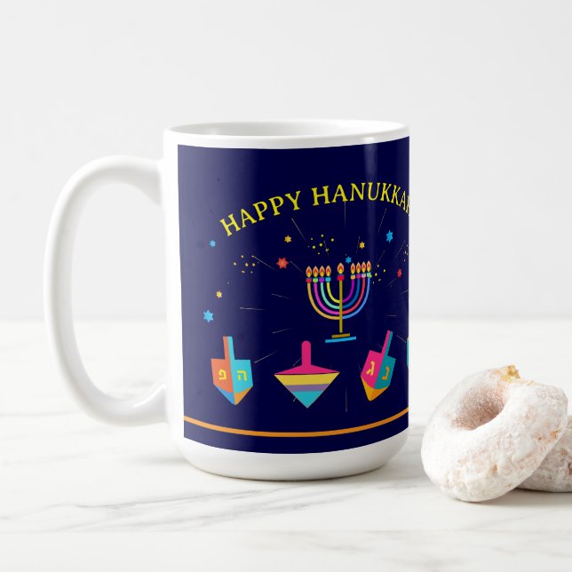 Caneca De Café Happy Hanukkah Gold Menorah Jewish Holiday (Com Donut)
