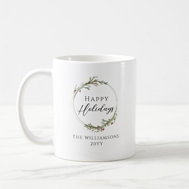 Caneca De Café Happy Holidays Minimalist Family Name Wreath (Esquerda)