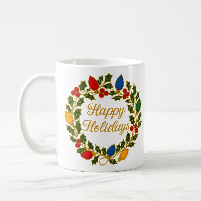 Caneca De Café Happy Holidays Wreath Christmas Lights and Holly (Esquerda)