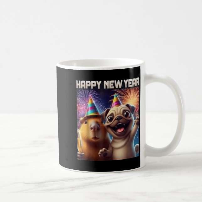 Caneca De Café Happy New Year 2026 Capybara Pug Party Art  (Direita)