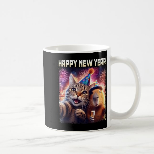 Caneca De Café Happy New Year 2026 Cute Cat Capybara Party Art  (Direita)