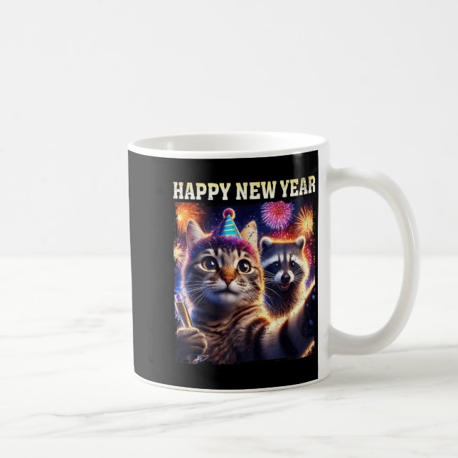 Caneca De Café Happy New Year 2026 Cute Cat Raccoon Celebration  (Direita)