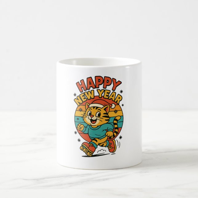 Caneca De Café Happy New Year Cat - Cute 80s Cartoon Skating   (Centro)