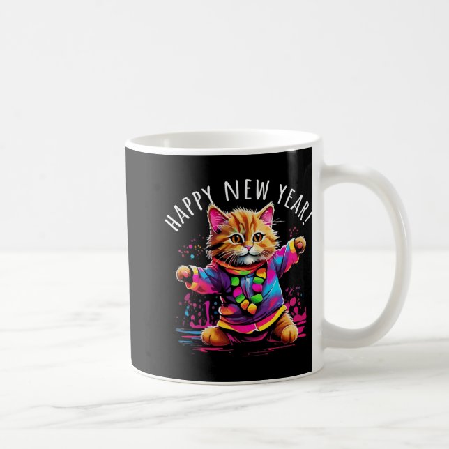 Caneca De Café Happy New Year Party Dancing Cat Design  (Direita)