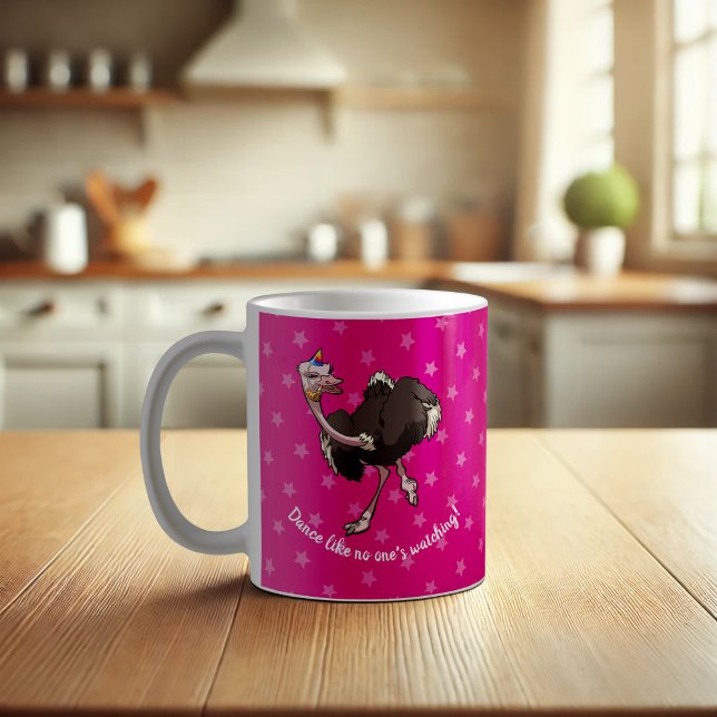 Caneca De Café Happy Ostrich Dancing in Party Hat Cartoon (Criador carregado)