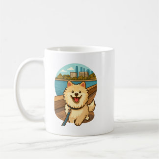 Caneca De Café Happy Samoyed Walk by the City Waterfront