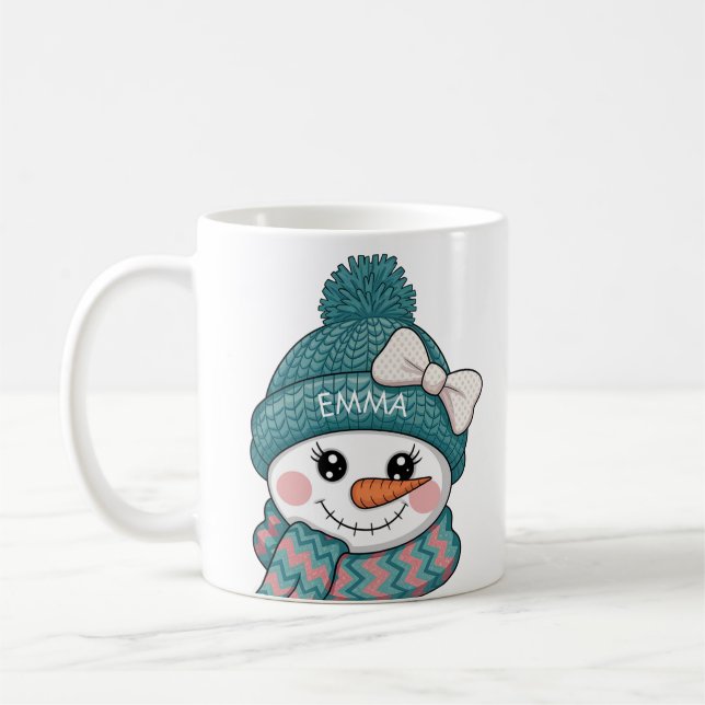 Caneca De Café Happy Snowman Face Name Christmas bow (Esquerda)