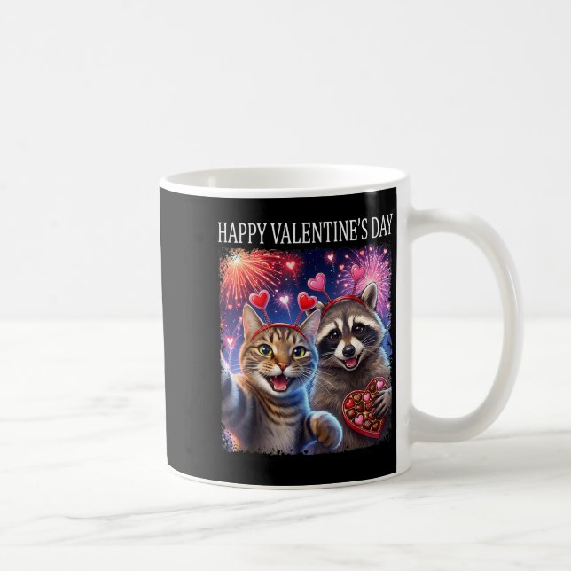 Caneca De Café Happy Valentines 2026 Cute Cat Raccoon Party Art  (Direita)