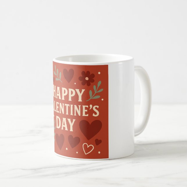 Caneca De Café Happy Valentine's Day Mug – Red Hearts & Floral Lo (Frente Esquerda)