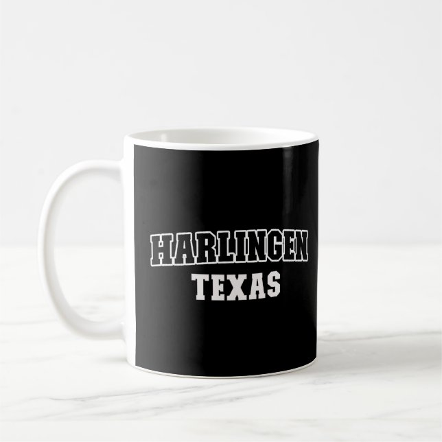 Caneca De Café Harlingen Texas Black White Athletic Lettering (Esquerda)