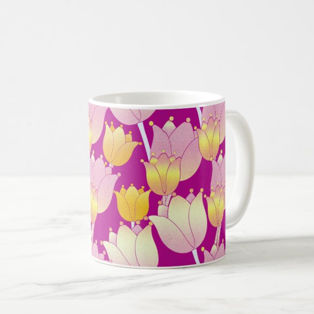 Caneca De Café Harmonia Amarelo, Branco e Flor Rosa (Frente Esquerda)