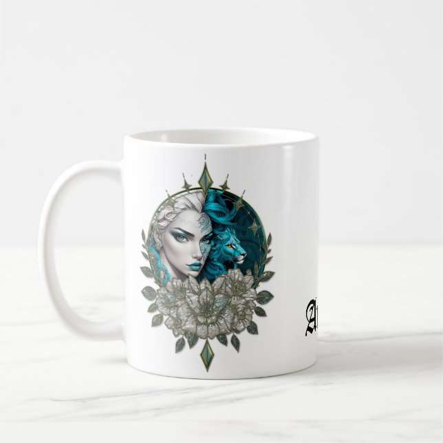 Caneca De Café Harmonia dos elementos, a mulher com leão. (Esquerda)