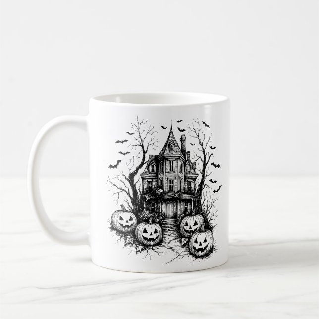 Caneca De Café Haunted House Black and White Halloween (Esquerda)