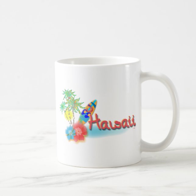 Caneca De Café Havaí com Palmas, Flores e Surfboard (Direita)