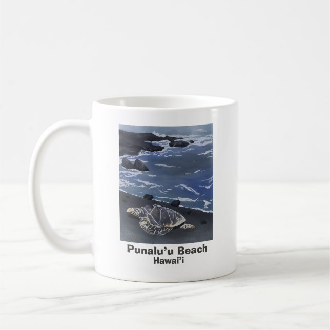 Caneca De Café Hawaii Green Sea Turtle on Black Sand Beach  Coffe (Esquerda)