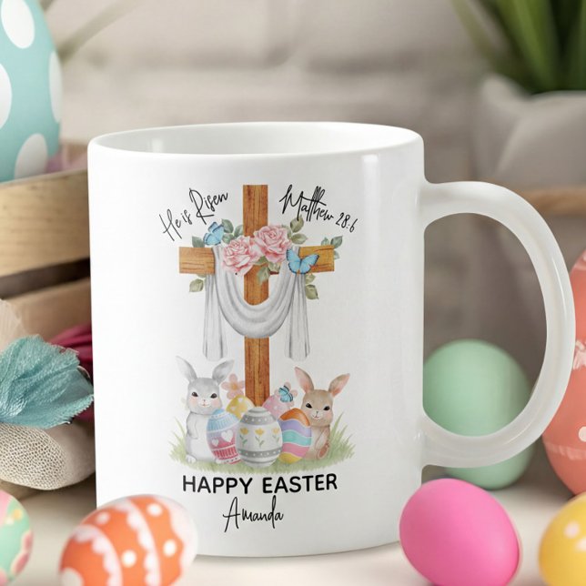 Caneca De Café He is Risen Happy Easter Gift with Cross & Bunnies (Criador carregado)