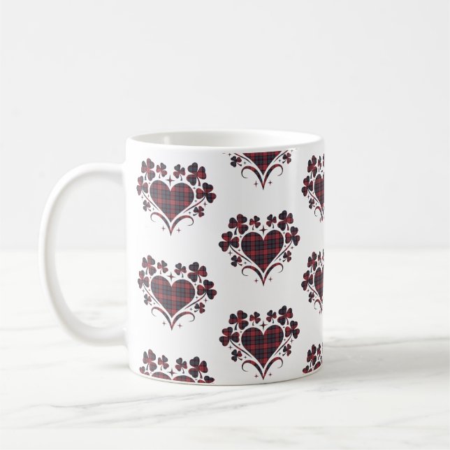 Caneca De Café Heart Shamrock Plaid Red Blue Tartan Clover (Esquerda)