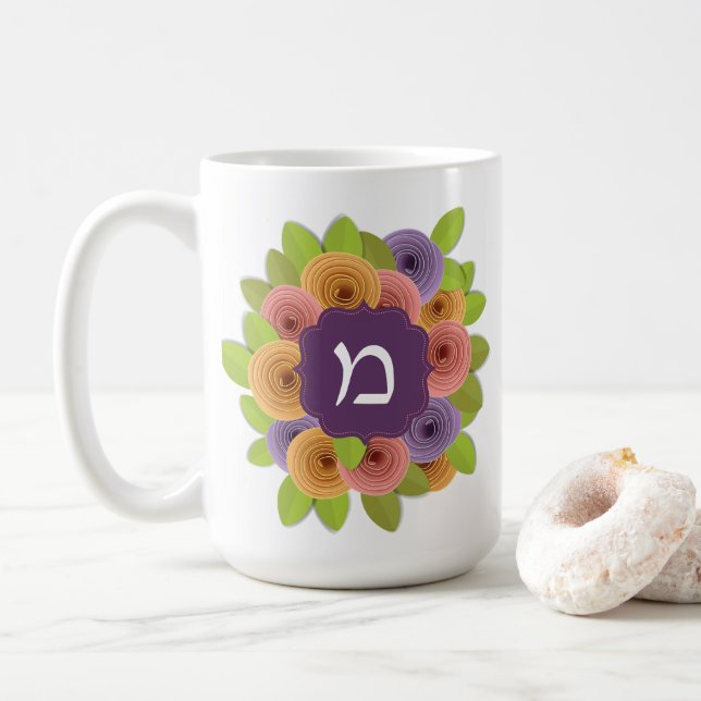 Caneca De Café Hebraico Monograma Café Floral Mug (Com Donut)