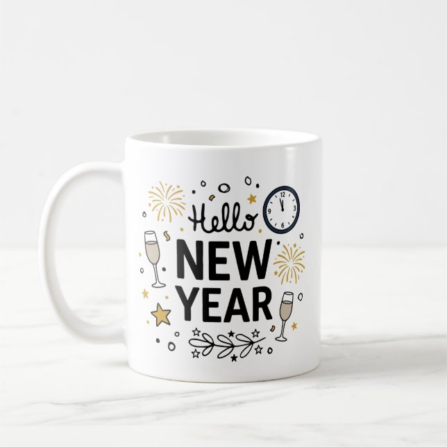 Caneca De Café Hello New Year Cute Hand-Drawn Fireworks Mug (Esquerda)