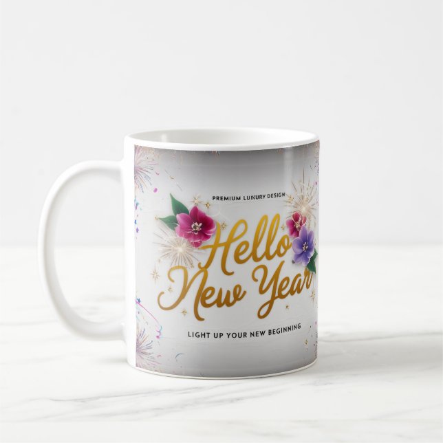 Caneca De Café Hello New Year Floral Fireworks Classic Mug (Esquerda)