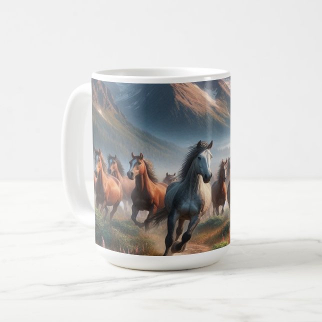 Caneca De Café Herd of Horses Galloping, Misty Mountain Scene (Frente Esquerda)