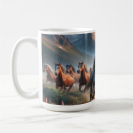 Caneca De Café Herd of Horses Galloping, Misty Mountain Scene