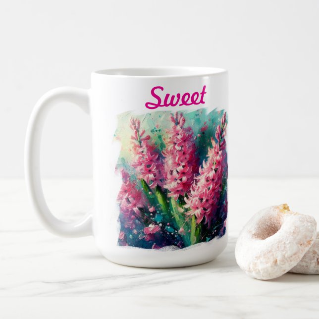 Caneca De Café Hiacintas Rosa Impressionistas Hiacinite Floral (Com Donut)