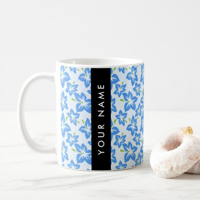 Caneca De Café Hibisco Azul, Flores Azuis, Seu Nome (Com Donut)