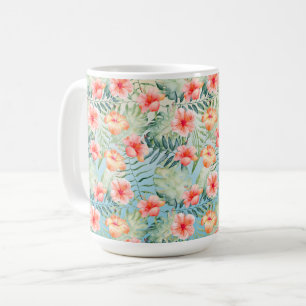 Caneca De Café Hibisco Floral Aqua Rosa Pêssego Amarelo